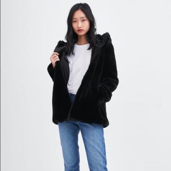 Zara Jackets & Blazers - Zara Black Faux Fur Hooded Coat Jacket S